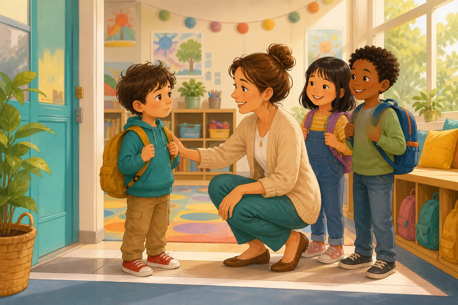 Lucas llega nervioso a su primer día de clase y es recibido por su profesora y dos compañeros